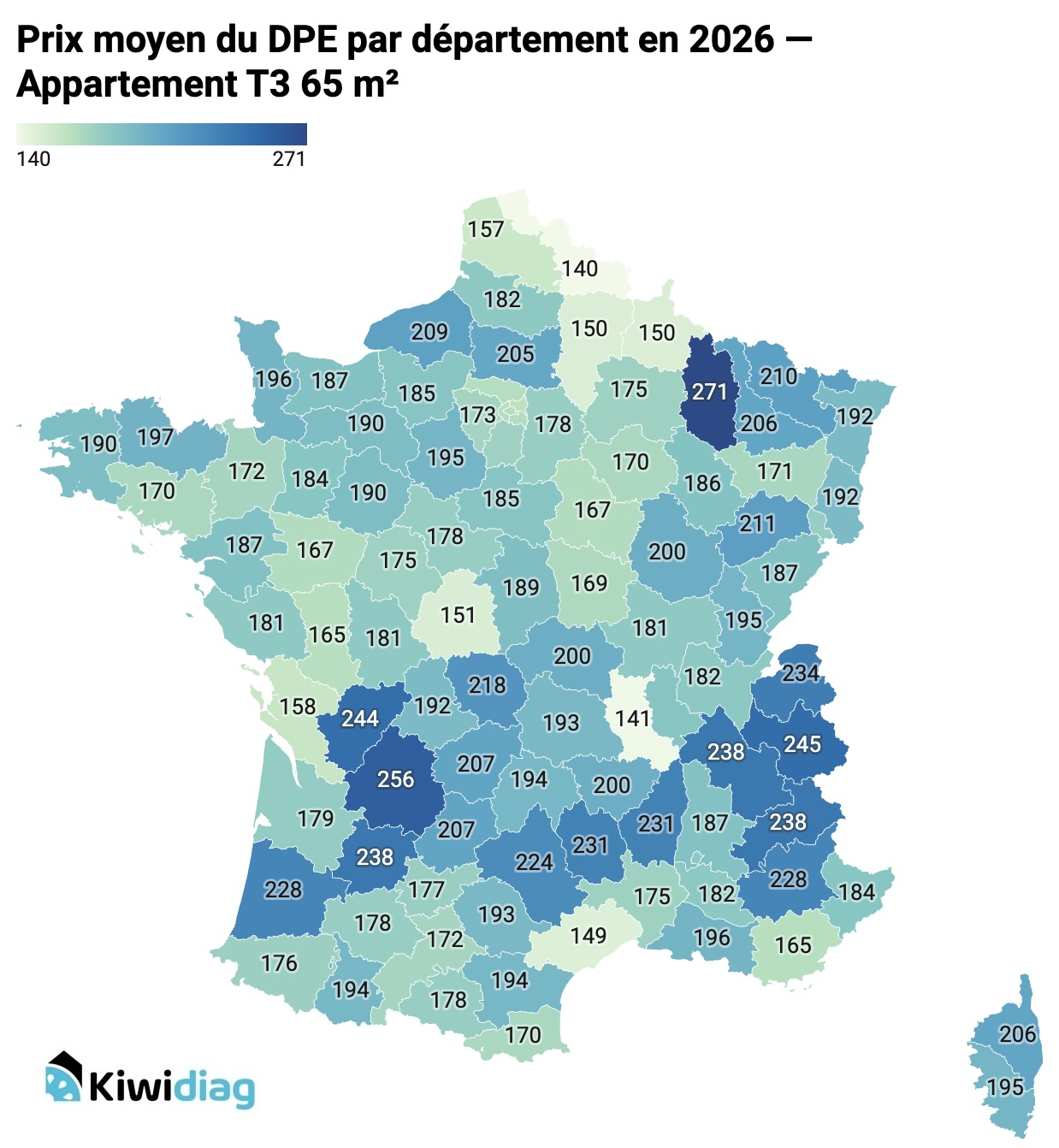 Carte des prix du DPE appartement T3 par département 2026