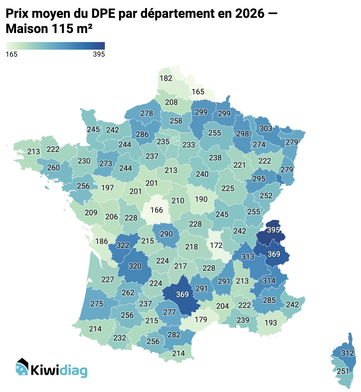 Carte des prix du DPE maison 115m² par département 2026