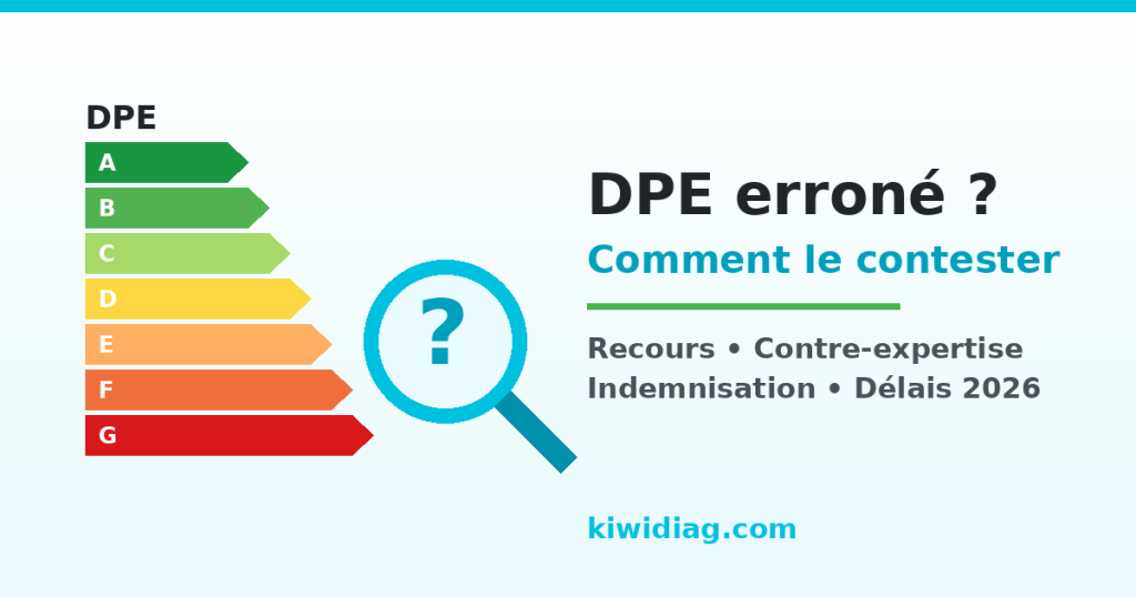 Étiquette énergie DPE avec loupe et point d’interrogation — DPE erroné, comment le contester