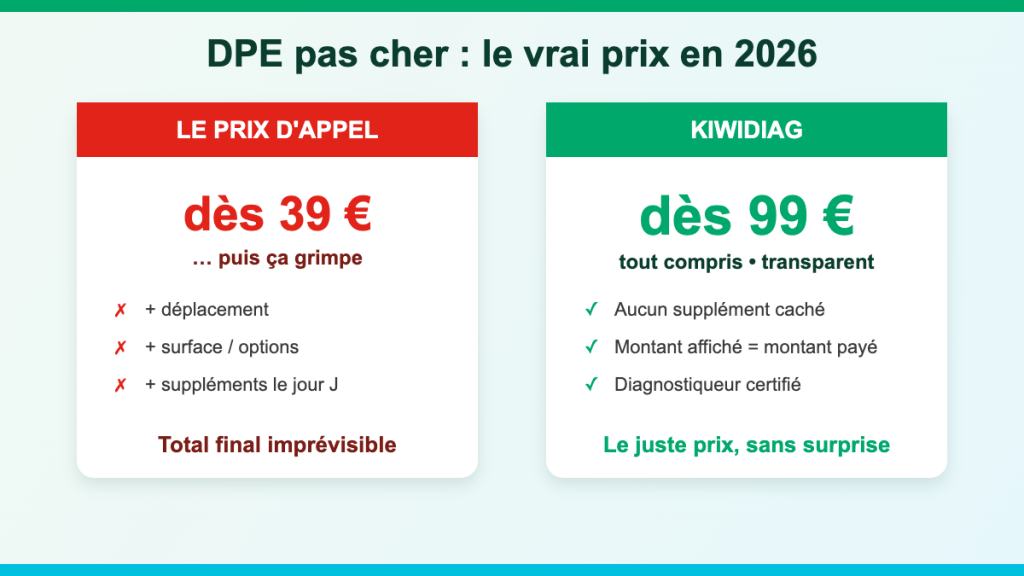 DPE pas cher en 2026 : prix d’appel qui grimpe vs Kiwidiag tout compris dès 99 €