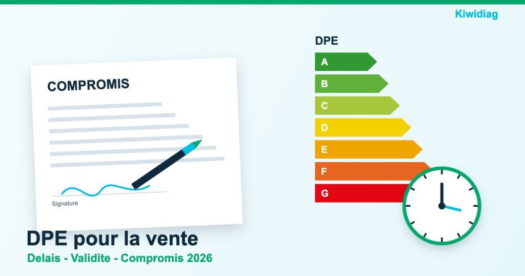 Signature de compromis de vente avec etiquette DPE et horloge - delais et validite du DPE en 2026